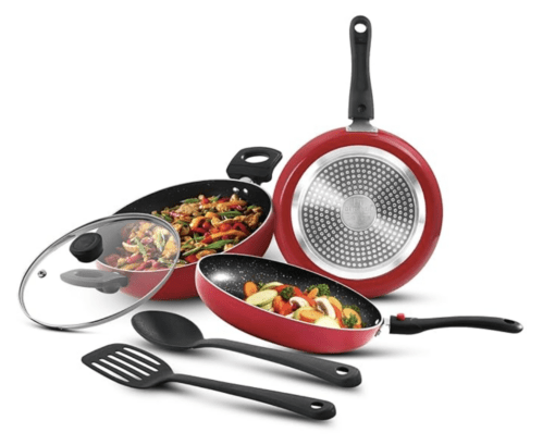 Bergner Sherry Plus Non-Stick 6 pcs Cookware Set, Combo Set with Detachable Handle, 24cm (2.5 L) Kadai with Glass Lid, 24cm (1.6 L) Frying Pan, 25cm Dosa Tawa and 2 Nylon Spatulas (Induction Bottom)